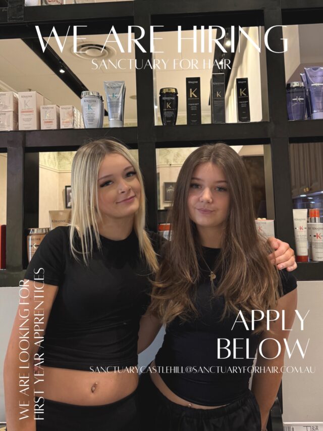 WE’RE HIRING!
 
Sanctuary for Hair is looking for a First-Year Hairdressing Apprentice to join our beautiful team!
 
If you’re passionate about hair, creativity and learning new skills, and you love creating amazing experiences for clients, we’d love to hear from you!
 
This is a fantastic opportunity to start your hairdressing journey in a supportive and creative salon environment, where you can learn, grow and develop your skills alongside our team.
 
Send your resume to:
Sanctuarycastlehill@sanctuaryforhair.com.au
 
Or simply drop into the salon and say hi!
 
We can’t wait to meet you!
 
#firstyearapprentice #apprenticeship #hairdressing